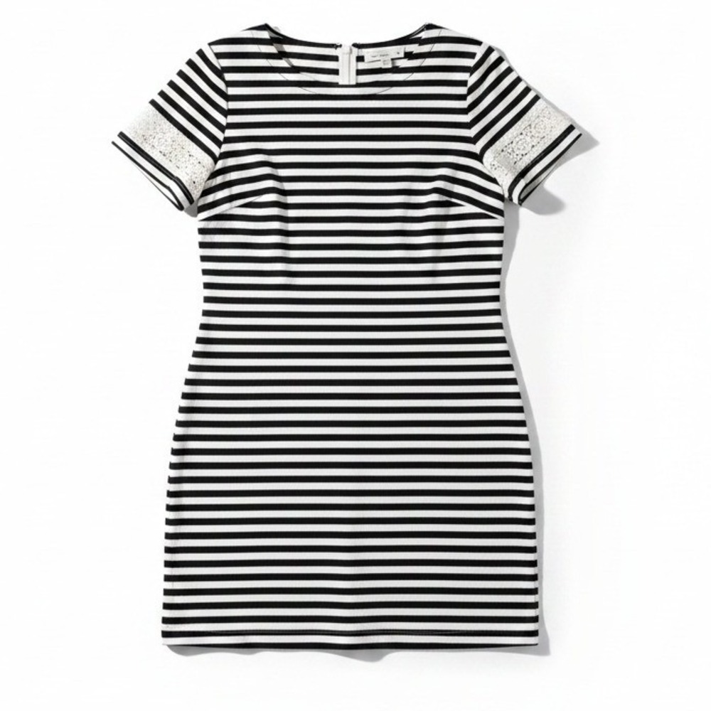 Ann Taylor Loft Striped Lace Trim Sheath Black White Dress, Women's Petite XP